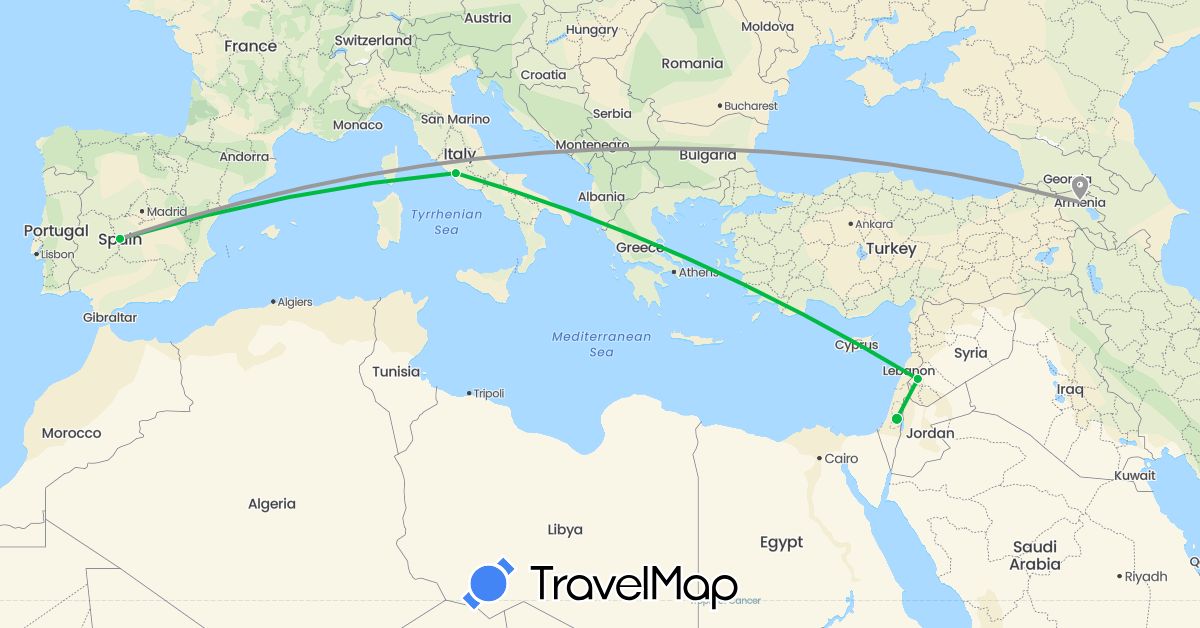TravelMap itinerary: driving, bus, plane in Armenia, Spain, Israel, Italy, Syria (Asia, Europe)